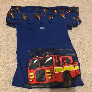 Long Sleeve Kids Fire Truck Graphic T-Shirt - Blue and Red